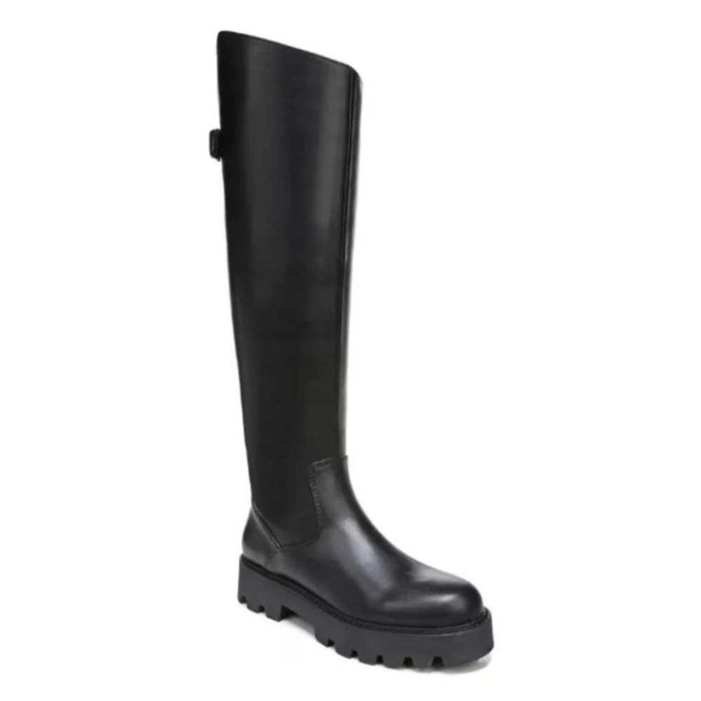 Franco Sarto Balin Tall Boots Black Leather Wide Calf Lug Sole Womens 7M New